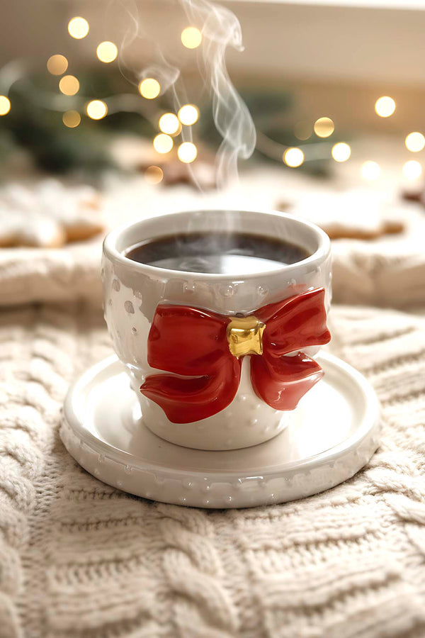 Kurdele Amore 24 K Altın Süslemeli El Yapımı Yılbaşı Hediyesi Seramik Double Kahve Bardağı, Mug, Kupa