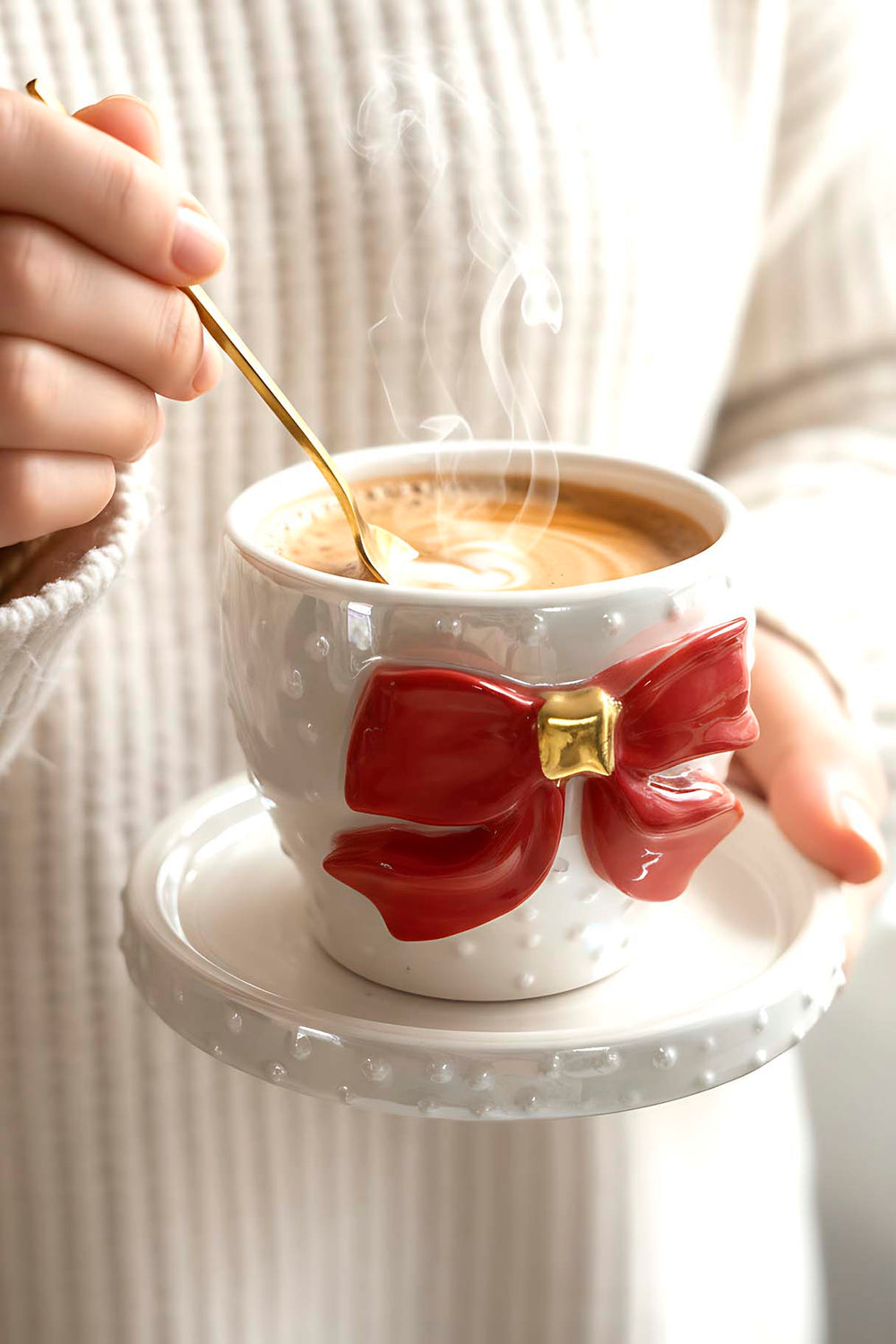 Kurdele Amore 24 K Altın Süslemeli El Yapımı Yılbaşı Hediyesi Seramik Double Kahve Bardağı, Mug, Kupa