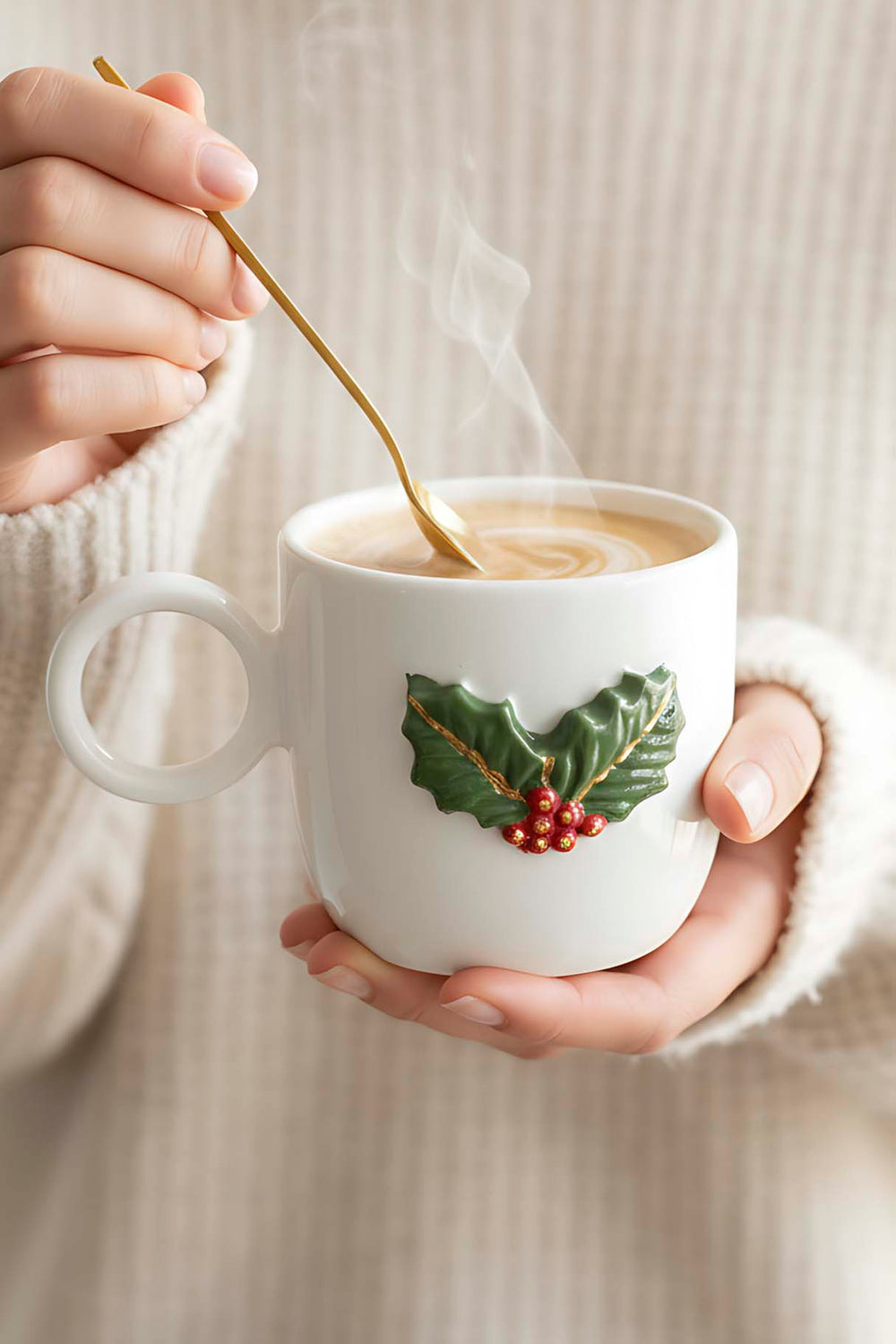 Kokina Amore 24 K Altın Süslemeli El Yapımı Yılbaşı Hediyesi Seramik Double Kahve Fincanı, Mug, Kupa