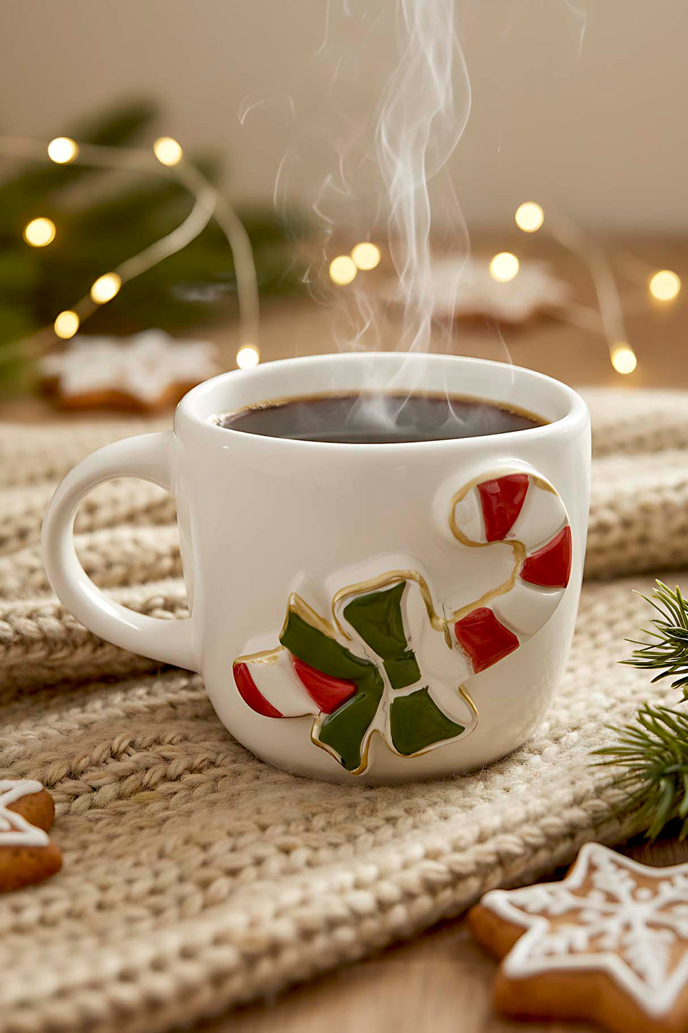 Şeker Baston Amore 24 K Altın Süslemeli El Yapımı Yılbaşı Hediyesi Seramik Double Kahve Fincanı, Mug, Kupa