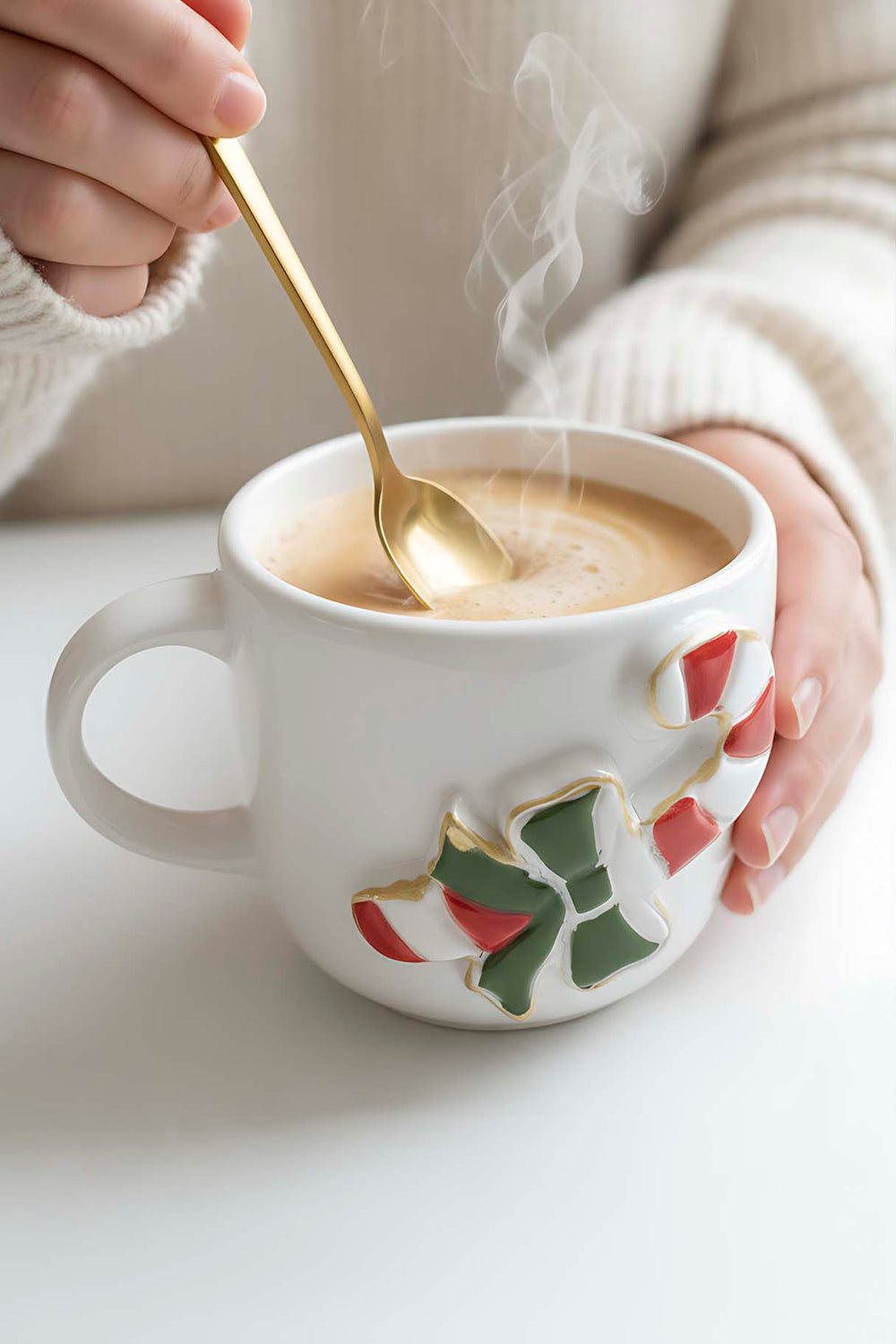 Şeker Baston Amore 24 K Altın Süslemeli El Yapımı Yılbaşı Hediyesi Seramik Double Kahve Fincanı, Mug, Kupa