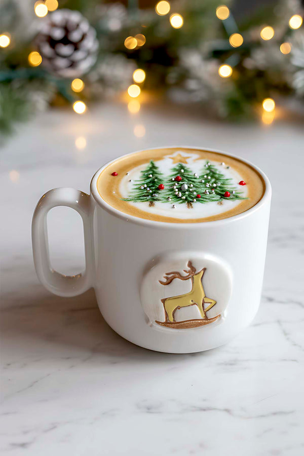 Geyik Amore 24 K Altın Süslemeli El Yapımı Yılbaşı Hediyesi Seramik Double Kahve Fincanı, Mug, Kupa