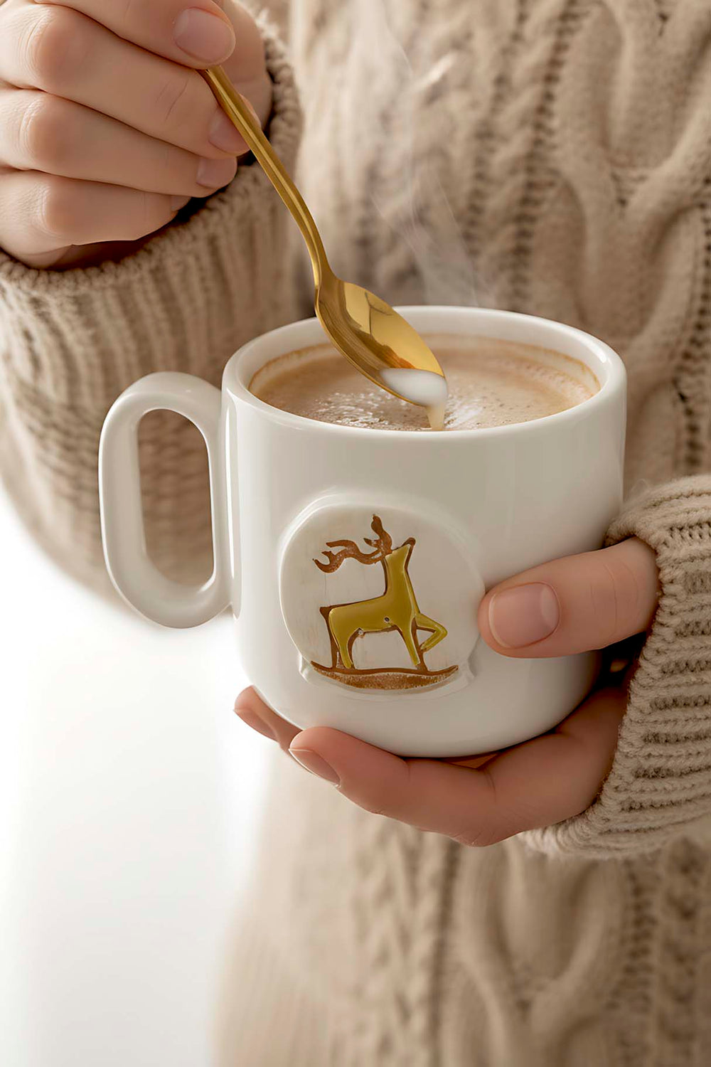 Geyik Amore 24 K Altın Süslemeli El Yapımı Yılbaşı Hediyesi Seramik Double Kahve Fincanı, Mug, Kupa