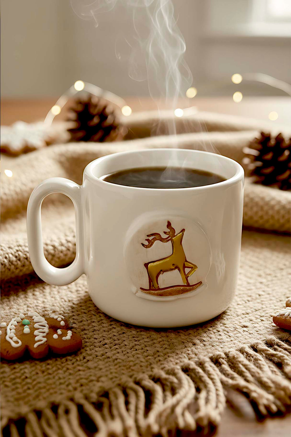 Geyik Amore 24 K Altın Süslemeli El Yapımı Yılbaşı Hediyesi Seramik Double Kahve Fincanı, Mug, Kupa