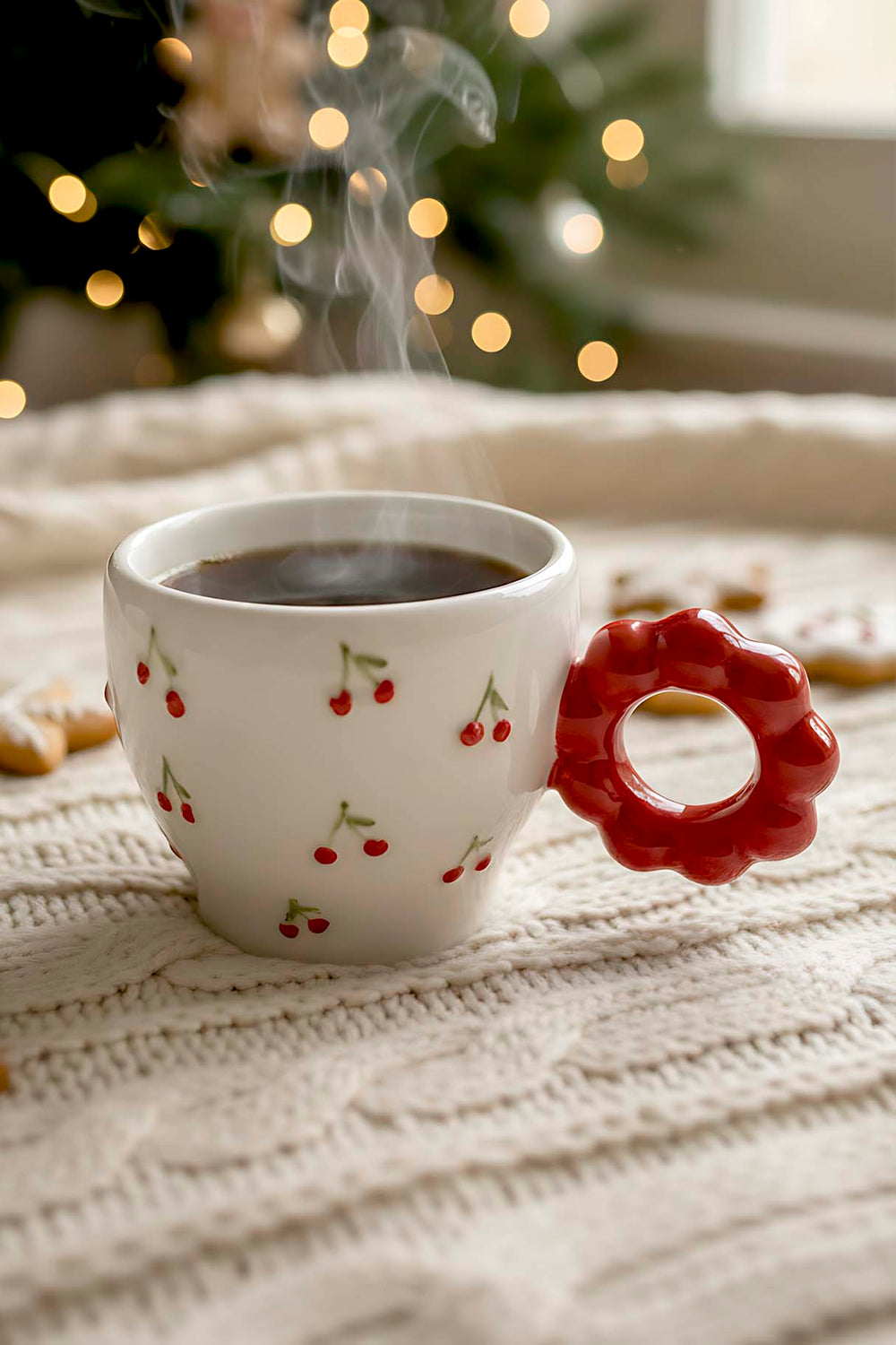 Kiraz Amore El Yapımı Yılbaşı Hediyesi Seramik Double Kahve Fincanı, Mug, Kupa