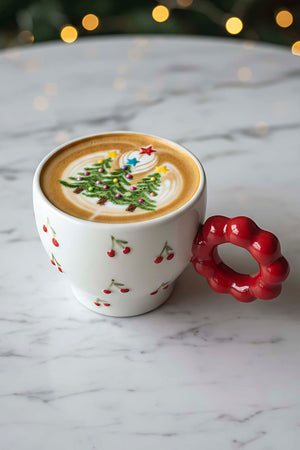Kiraz Amore El Yapımı Yılbaşı Hediyesi Seramik Double Kahve Fincanı, Mug, Kupa