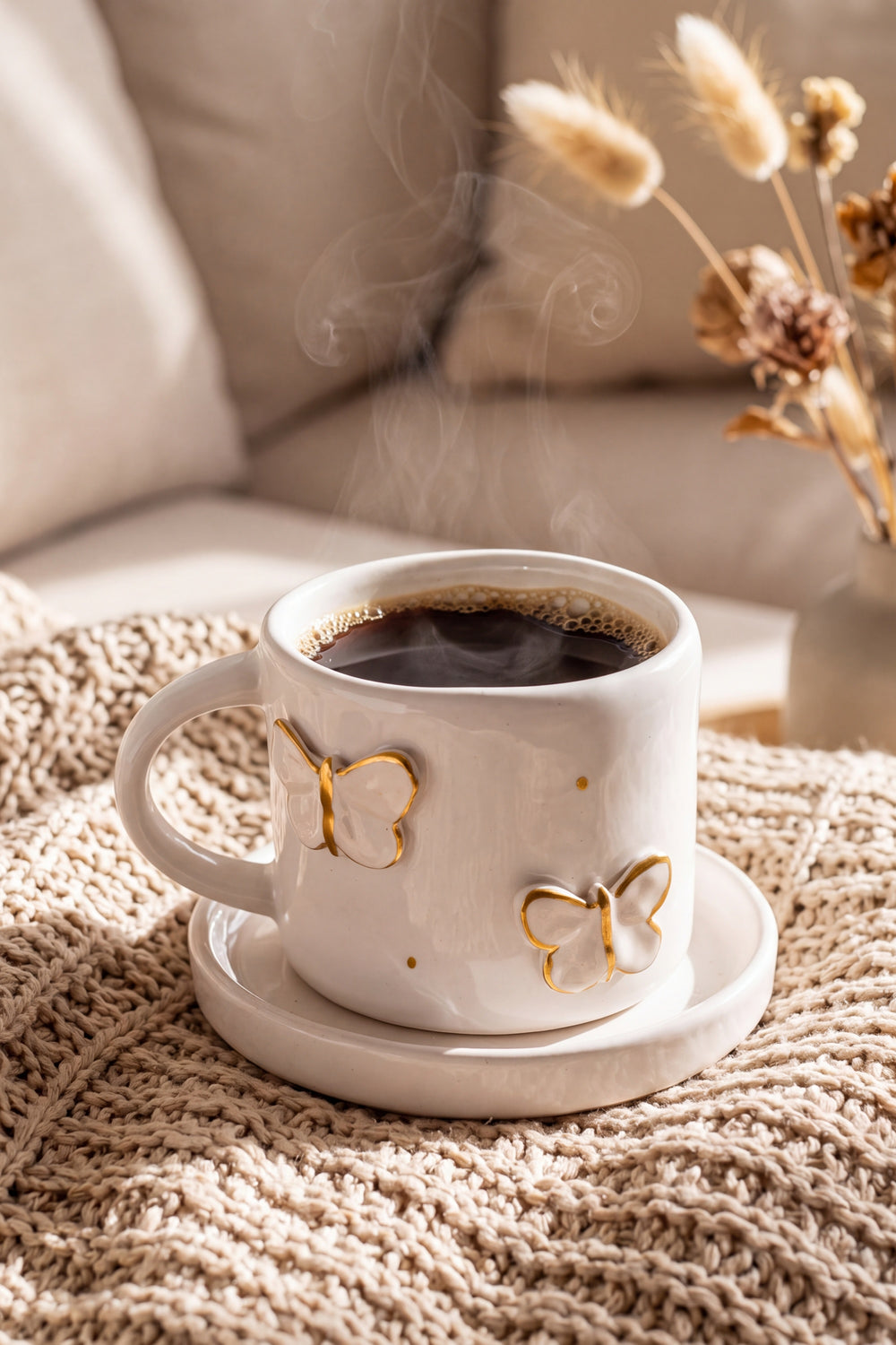 Gold Kelebek Amore El Yapımı Seramik Double Kahve Fincanı Mug Kupa