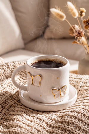 Gold Kelebek Amore El Yapımı Seramik Double Kahve Fincanı Mug Kupa