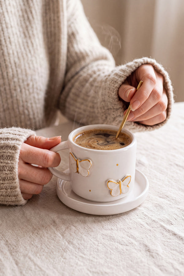 Gold Kelebek Amore El Yapımı Seramik Double Kahve Fincanı Mug Kupa – görsel 2