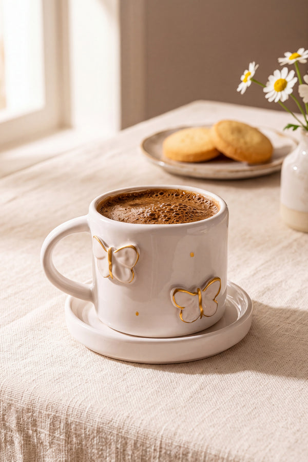 Gold Kelebek Amore El Yapımı Seramik Double Kahve Fincanı Mug Kupa – görsel 5