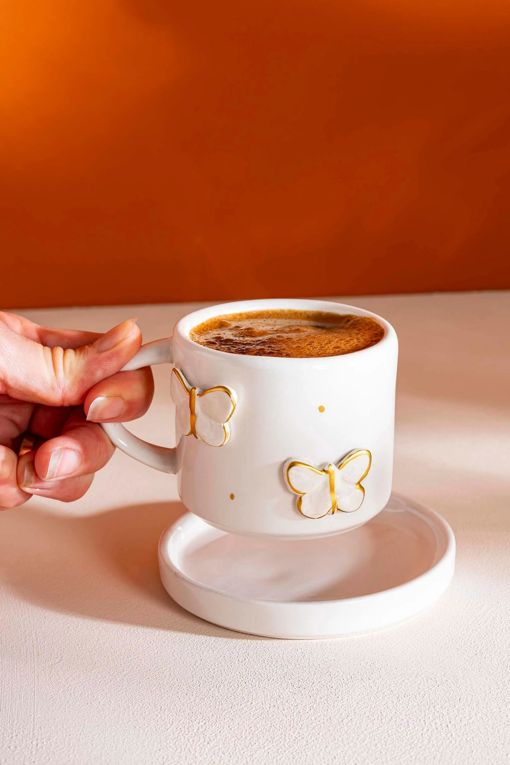 Gold Kelebek Amore El Yapımı Seramik Double Kahve Fincanı Mug Kupa