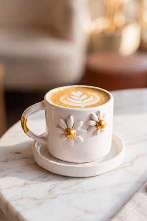 Gold Papatya Amore El Yapımı Seramik Double Kahve Fincanı Mug Kupa – görsel 3