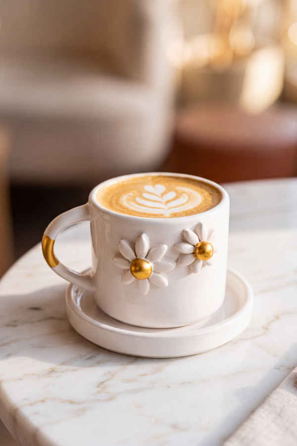 Gold Papatya Amore El Yapımı Seramik Double Kahve Fincanı Mug Kupa – görsel 3