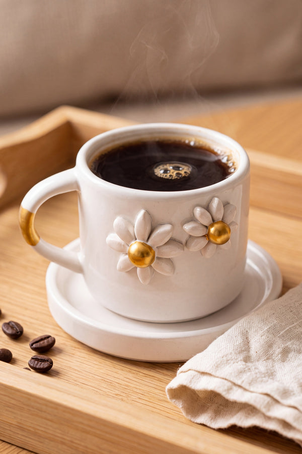 Gold Papatya Amore El Yapımı Seramik Double Kahve Fincanı Mug Kupa – görsel 4