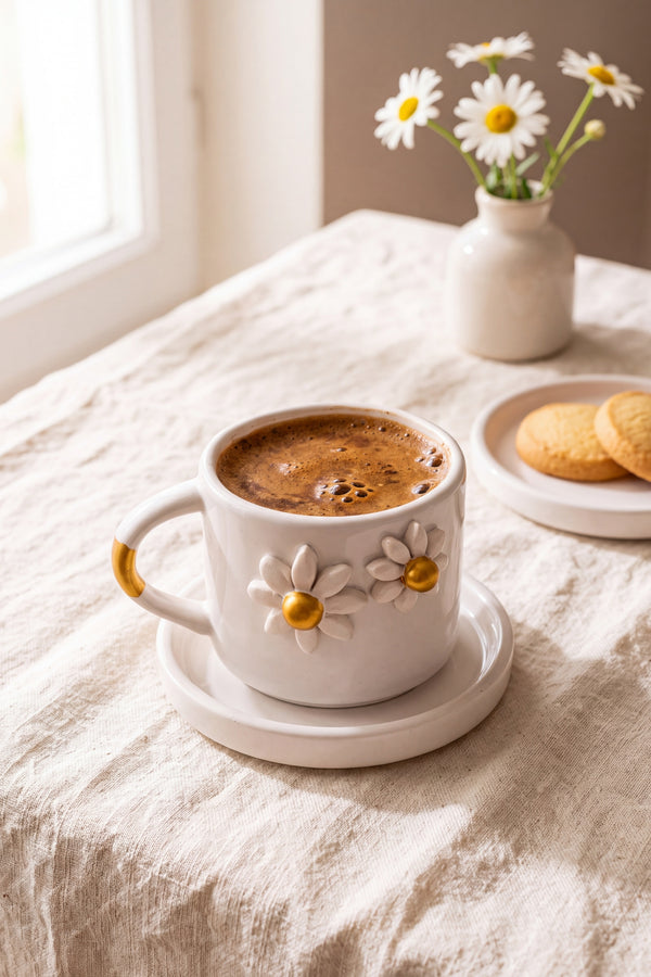 Gold Papatya Amore El Yapımı Seramik Double Kahve Fincanı Mug Kupa – görsel 5