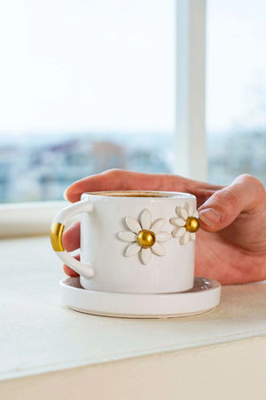 Gold Papatya Amore El Yapımı Seramik Double Kahve Fincanı Mug Kupa