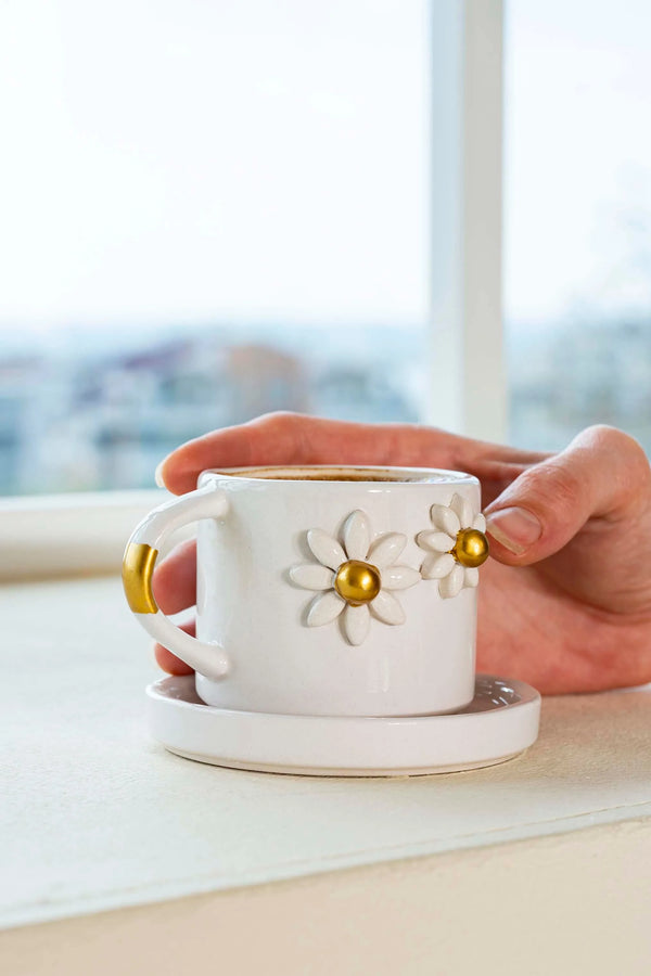 Gold Papatya Amore El Yapımı Seramik Double Kahve Fincanı Mug Kupa