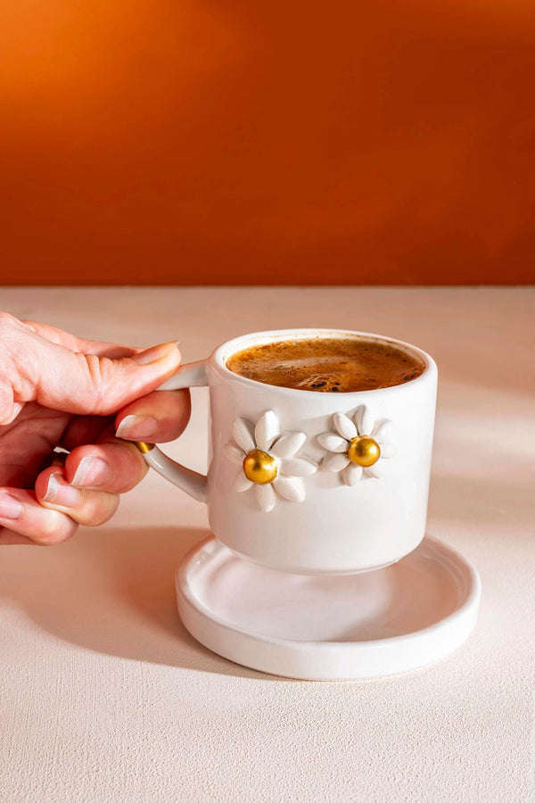 Gold Papatya Amore El Yapımı Seramik Double Kahve Fincanı Mug Kupa