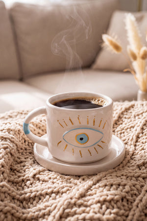 Göz Desenli Amore El Yapımı Seramik Double Kahve Fincanı Mug Kupa