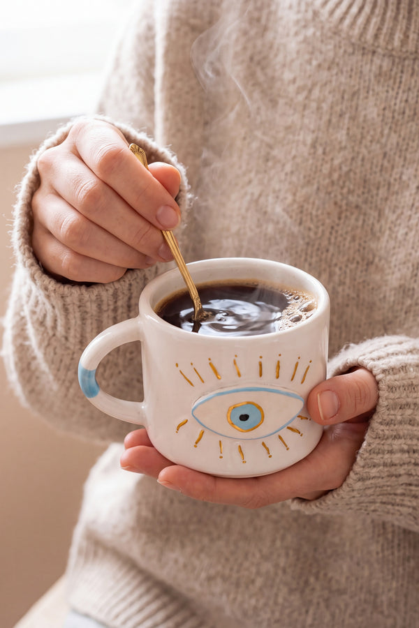 Göz Desenli Amore El Yapımı Seramik Double Kahve Fincanı Mug Kupa – görsel 2