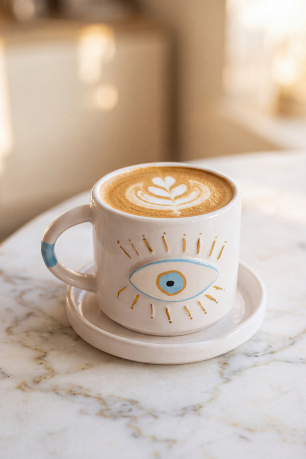 Göz Desenli Amore El Yapımı Seramik Double Kahve Fincanı Mug Kupa – görsel 3