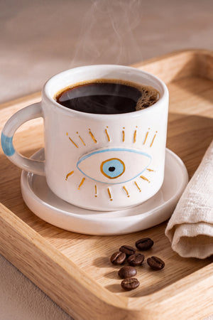 Göz Desenli Amore El Yapımı Seramik Double Kahve Fincanı Mug Kupa – görsel 4