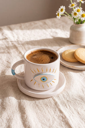 Göz Desenli Amore El Yapımı Seramik Double Kahve Fincanı Mug Kupa – görsel 5