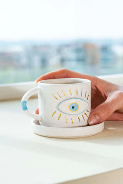 Göz Desenli Amore El Yapımı Seramik Double Kahve Fincanı Mug Kupa
