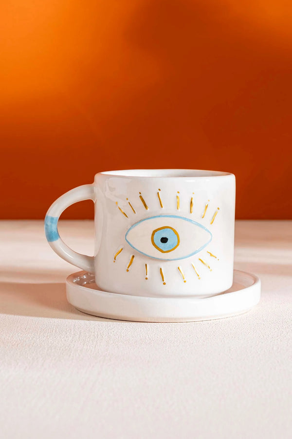 Göz Desenli Amore El Yapımı Seramik Double Kahve Fincanı Mug Kupa