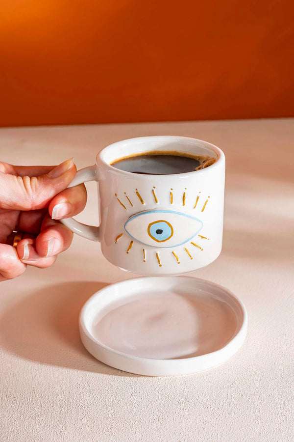 Göz Desenli Amore El Yapımı Seramik Double Kahve Fincanı Mug Kupa