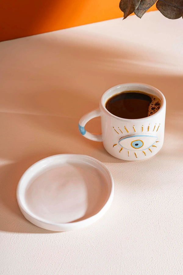 Göz Desenli Amore El Yapımı Seramik Double Kahve Fincanı Mug Kupa