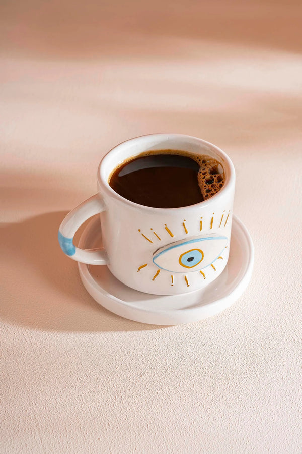 Göz Desenli Amore El Yapımı Seramik Double Kahve Fincanı Mug Kupa