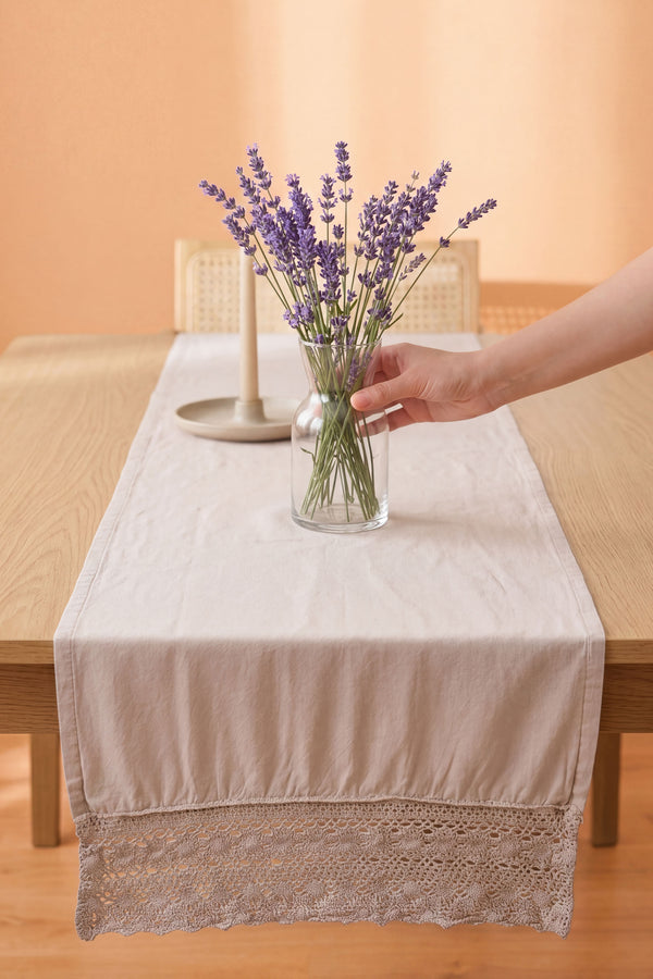 Gri Lacy Pamuklu Dantelli Runner 40x150 cm