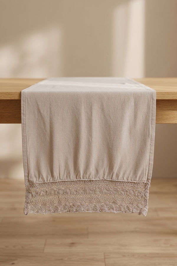 Gri Lacy Pamuklu Dantelli Runner 40x150 cm