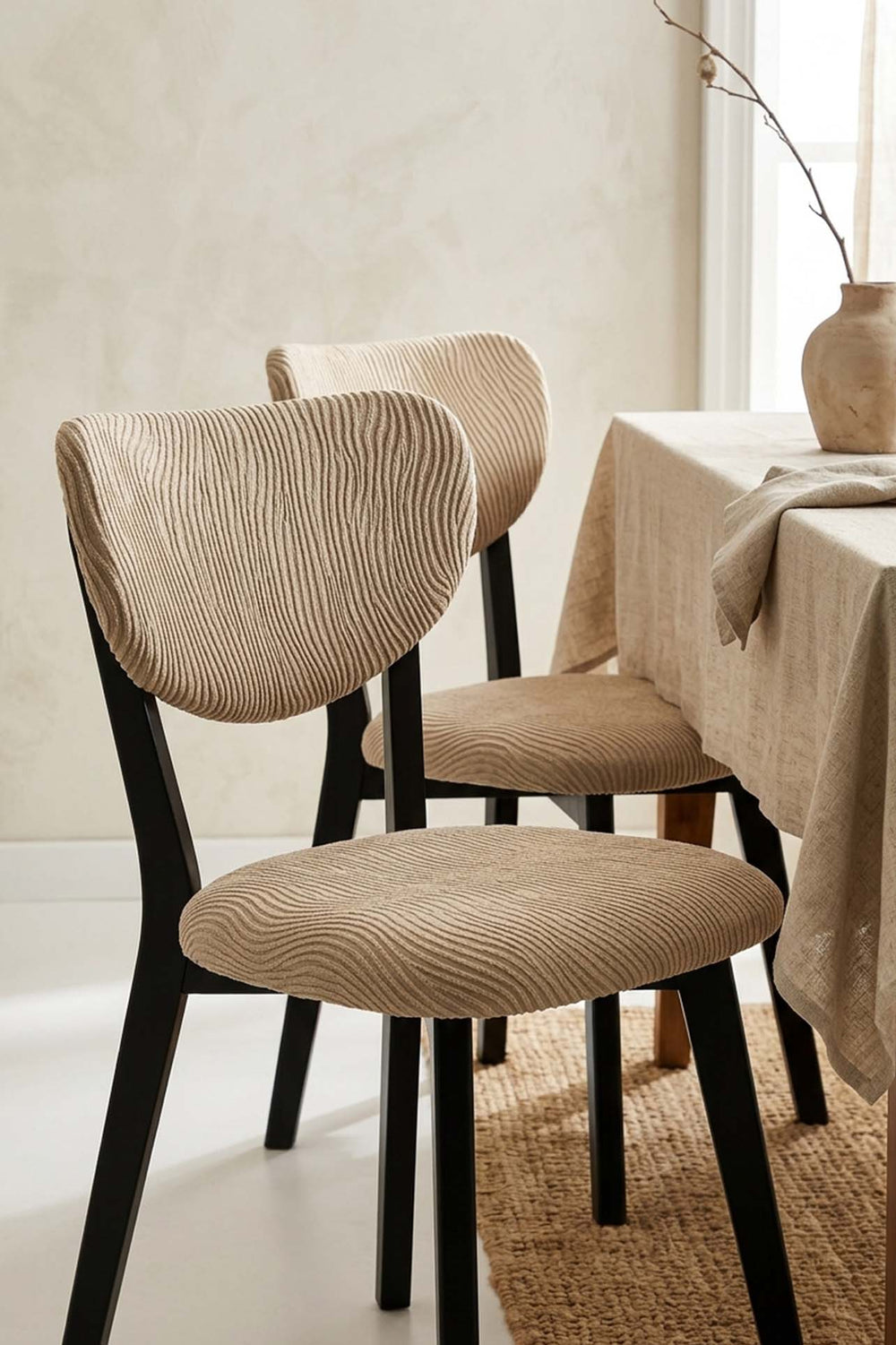 Bej Renk Jakarlı Likralı Esnek Sandalye Kılıfı Takımı - 6'lı Set