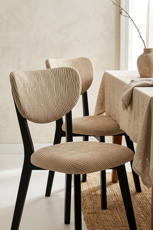 Bej Renk Jakarlı Likralı Esnek Sandalye Kılıfı Takımı - 6'lı Set
