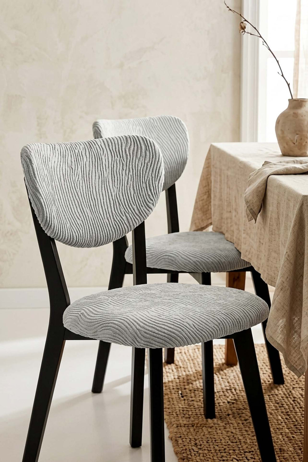Taş Renk Jakarlı Likralı Esnek Sandalye Kılıfı Takımı - 6'lı Set