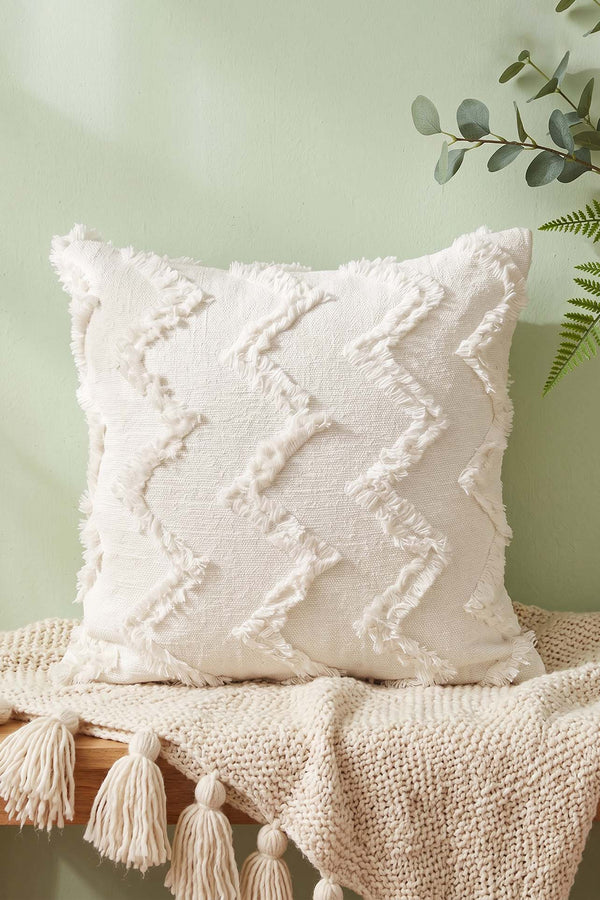Krem Zigzag Desenli Kabartma Dokulu Dekoratif Kırlent Kılıfı