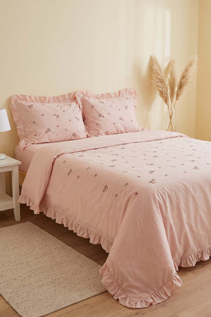 Pembe Daisy Glow Çift Kişilik %100 Pamuklu Nevresim Takımı - 4 Parça