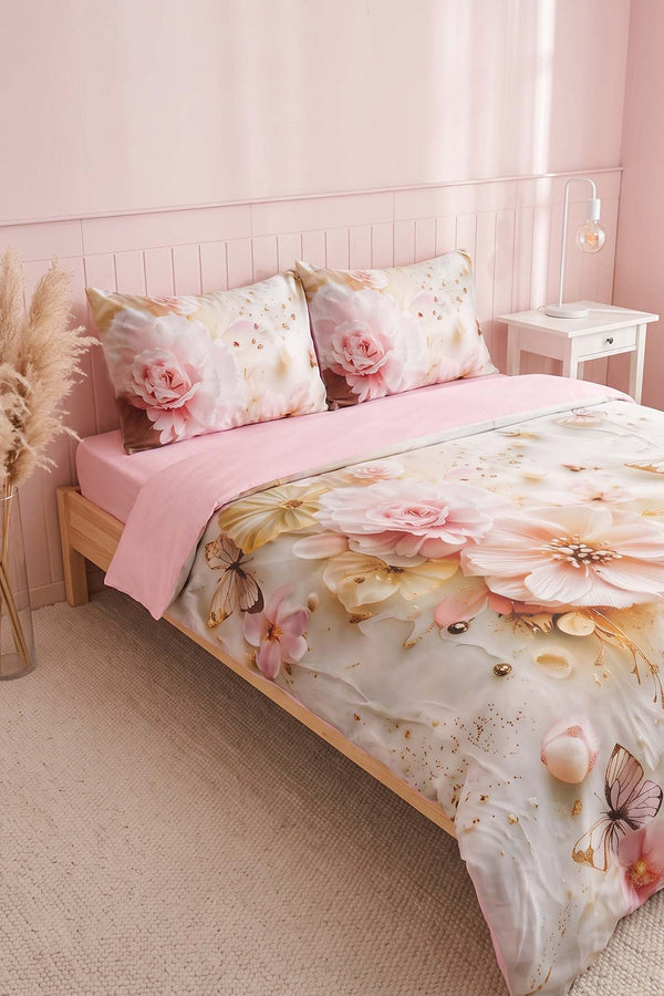 Pembe Elara 3D Flower Çift Kişilik Nevresim Takımı – 4 Parça