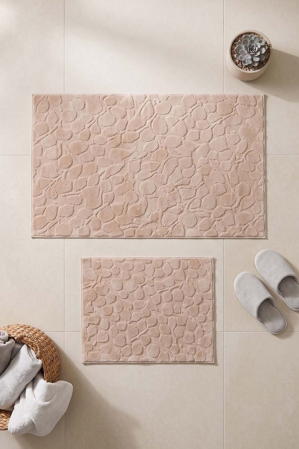 Pudra Pamella Yaprak Desenli 2'li Banyo & Klozet Paspas Takımı