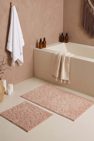 Pudra Pamella Yaprak Desenli 2'li Banyo & Klozet Paspas Takımı