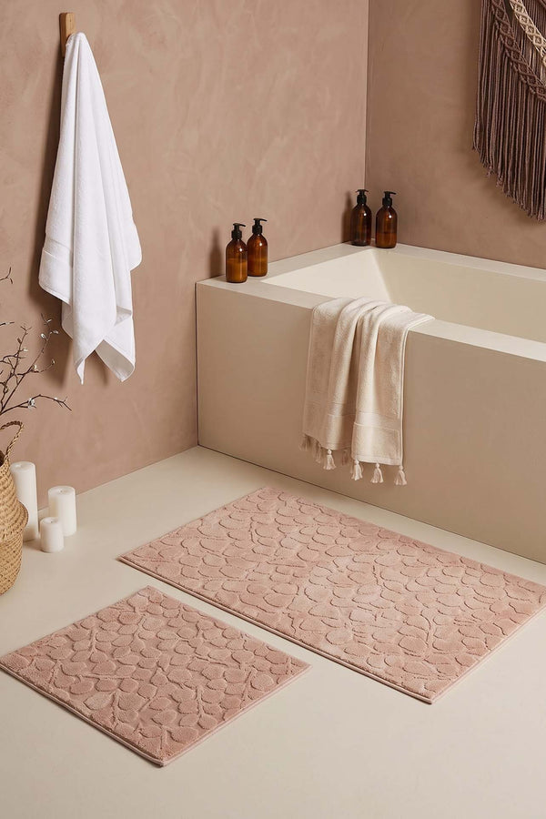 Pudra Pamella Yaprak Desenli 2'li Banyo & Klozet Paspas Takımı