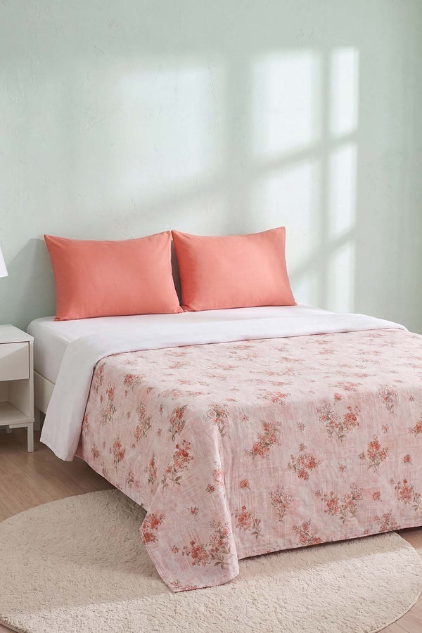 Pembe Kır Çiçeği Desenli Çift Kişilik Baskılı Pike & Yatak Örtüsü 200x230 cm