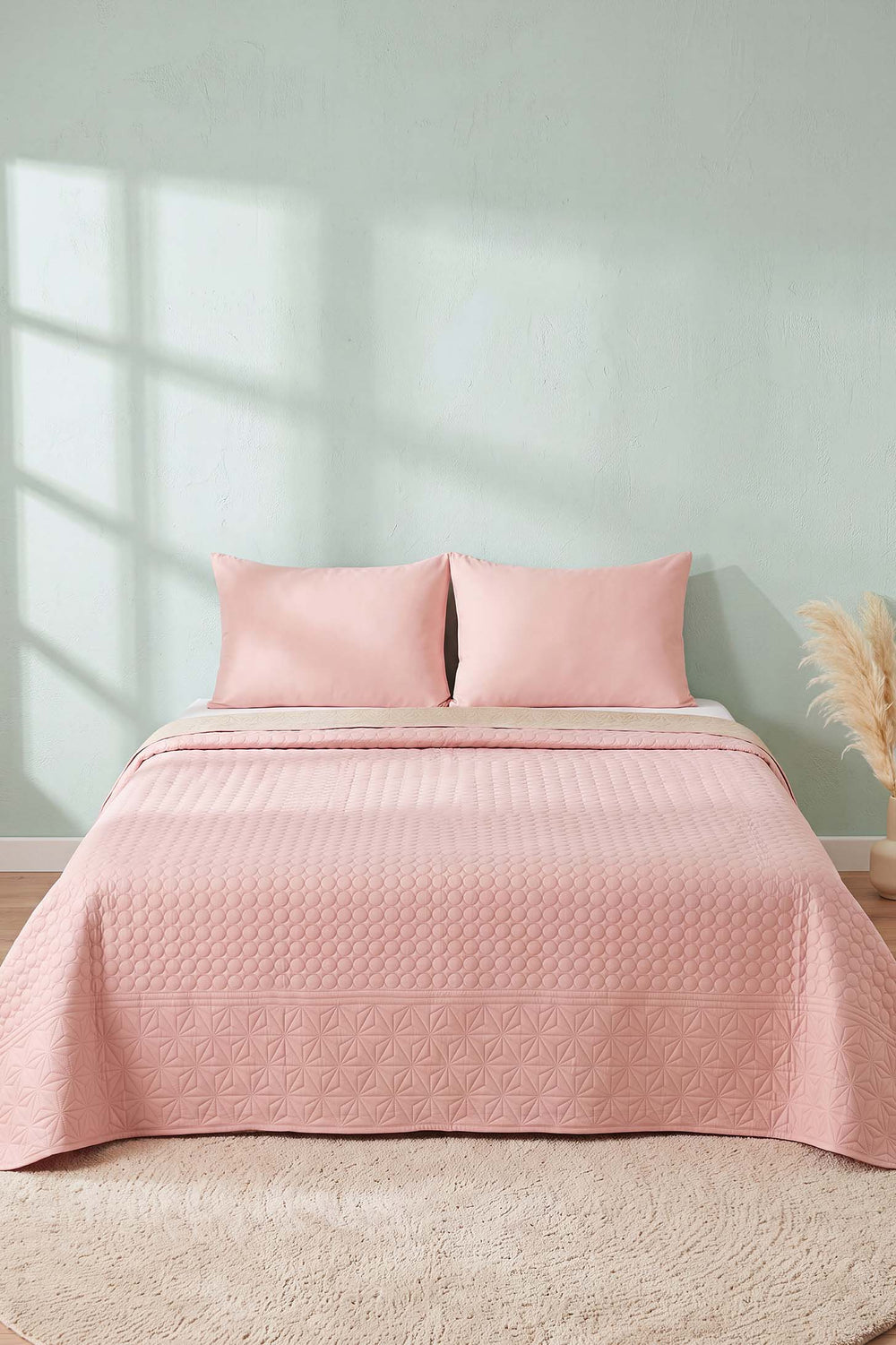 Pembe Ultrasonik Çift Taraflı Çift Kişilik Kapitone Pike & Yatak Örtüsü 180x240 cm