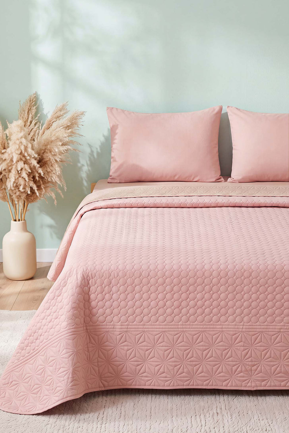 Pembe Ultrasonik Çift Taraflı Çift Kişilik Kapitone Pike & Yatak Örtüsü 180x240 cm