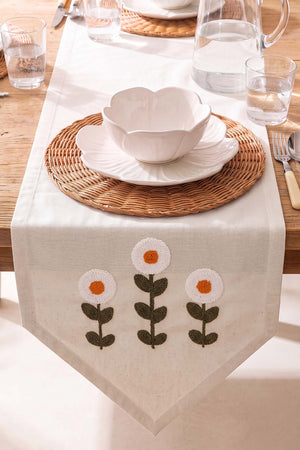 Daisy Cream Kasso Punch İşlemeli Runner 35x110 cm