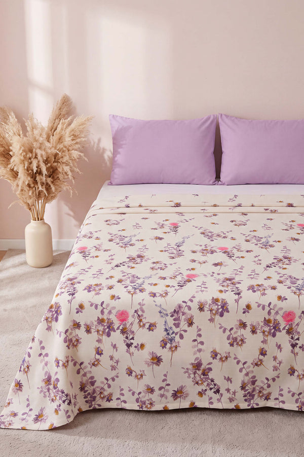 Mor Flora Çift Kişilik Baskılı Pike & Yatak Örtüsü 210x230 cm