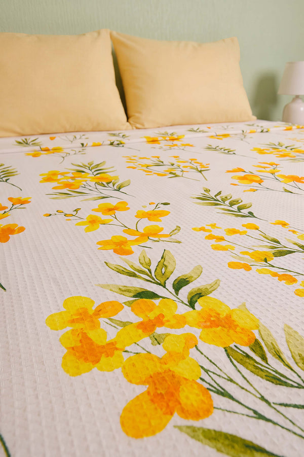 Sarı Daisy Çift Kişilik Baskılı Pike & Yatak Örtüsü 210x230 cm