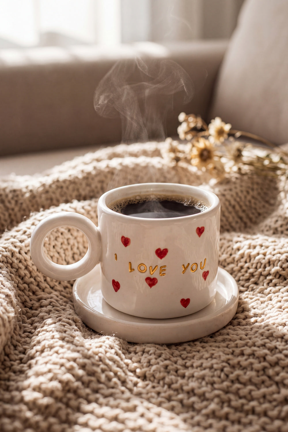 I Love You Amore El Yapımı Seramik Double Kahve Fincanı Mug Kupa